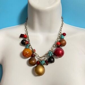 Boho Necklace Acrylic & Wood Beads Silver Tone